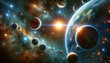Ilustración Digital Artística de un Sistema Solar de Fantasía con Múltiples Planetas y un Sol Brillante en un Vasto Espacio Cósmico - Concepto Imaginario de Sistema Planetario