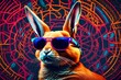 Imagine a day in the life of a trendsetting bunny with sunglasses, exploring its favorite hangout spots against a lively and colorful backdrop
