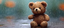 Teddy Bear In The Rain.Teddy Bear With Sitting In The Raining And Vintage Filter Effect Blurred Background Of Nature.