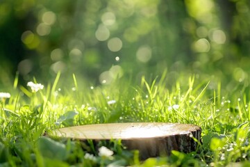 Wall Mural - Round cut of a tree, a pedestal for an object, a podium for cosmetics. Summer sunshine, against the background of lush green grass.. High quality photo. generative ai.