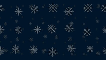 Poster - Spider web symbols float horizontally from left to right. Parallax fly effect. Floating symbols are located randomly. Seamless looped 4k animation on dark blue background