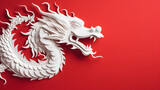 chinese white new year dragon on a red background in the style of minimalism