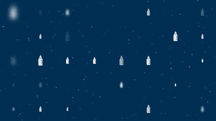 Poster - Template animation of evenly spaced feeding bottle symbols of different sizes and opacity. Animation of transparency and size. Seamless looped 4k animation on dark blue background with stars