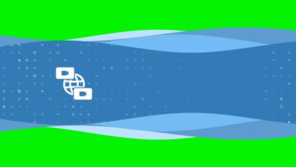 Poster - Animation of blue banner waves movement with white videoconference symbol on the left. On the background there are small white shapes. Seamless looped 4k animation on chroma key background