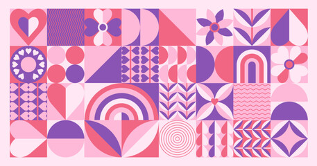 Poster - Abstract romantic composition of geometric tiles, abstract drawings with heart and plant symbols, retro wallpaper for Lover's Day celebration and decoration, banner, poster. Vector illustration.