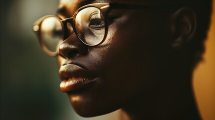 Wall Mural - Closeup face of African woman in glasses, Blur background