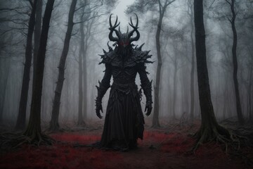 Wall Mural - A scary goblin with horns on his head in the middle of the forest