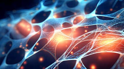 Wall Mural - 3D background with neuron cells in blue and orange colors. AI generated illustration.