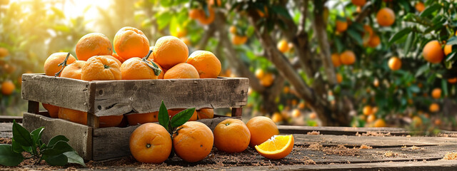 Canvas Print - fresh oranges in a wooden box on orange plantations. selective focus. generative ai,