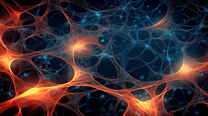 Wall Mural - 3D background with neuron cells in dark and orange colors. AI generated illustration.