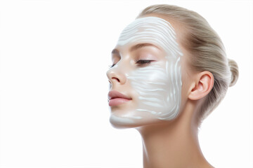 Wall Mural - beautiful woman with skin mask on her face, white background