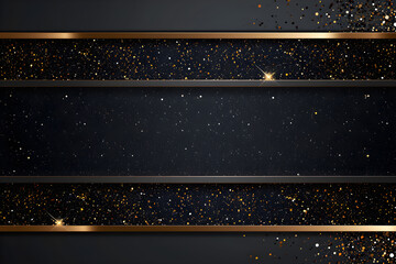 Black abstract background with gold stripes and gold glitter.