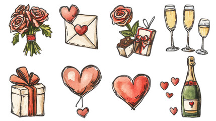 Wall Mural - Set of hand-drawn pop-style icon illustrations with Valentine motifs - an envelope with a heart, a bouquet, heart, gift box, glasses of champagne, a bottle of wine, a box of chocolates
