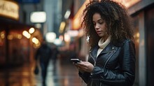 Capture The Essence Of A Young Woman With Curly Hair And A Black Leather Jacket, Absorbed In Using Her Mobile Phone On The Vibrant City Street