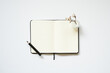 Open diary notebook with pen and vase of dry plant on white desk background. flat lay, top view