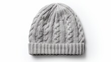 Gray knitted bobble hat flat lay isolated on white background isolated on white background,