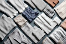 A Set Of Thermal Underwear, Neatly Folded And Arranged, Showcasing Various Textures And Patterns.