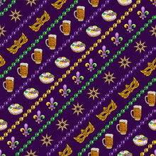 Mardi Gras Seamless Pattern With Holiday Objects And Symbols, Strings Of Beads. Geometric Pattern With Diagonal Stripes On Black Background. Vintage Illustration For Prints, Clothing, Wrapping Paper