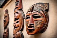 A Weathered Wooden Mask With Tribal Carvings, Hanging On A Plain Wall.