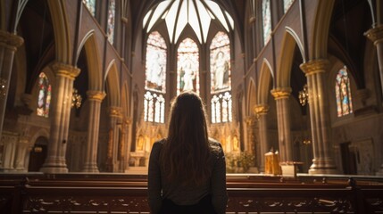 Wall Mural - Woman standing inside church wearing dress