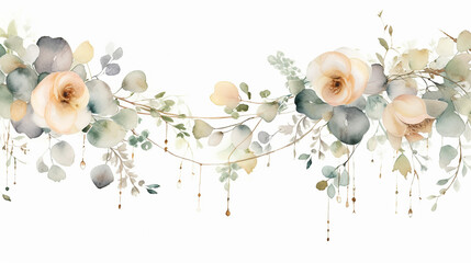 Wall Mural - wedding floral design with tree and string watercolor on white background