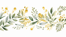 Simple Design Golden Greenery Wedding Watercolor With Leaves Glittery On White Background