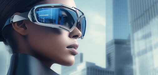 Poster - Businesswoman's Virtual Reality - Merging Technology and Style with Futurist Influences, Embarking on a Digital Journey Amidst Cyber Cityscapes in the Virtual Realm