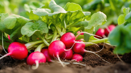 close up. of three red radishes growing in the soil