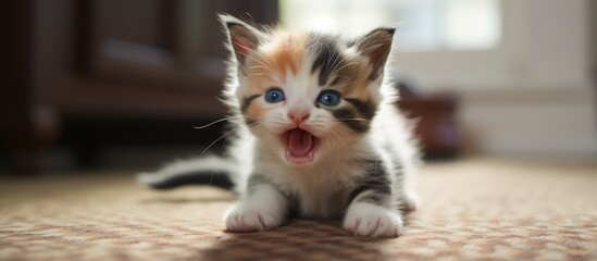 Wall Mural - The Calico kitten is indoors on the carpet, licking its paw with one eye closed, and a red tongue sticking out.