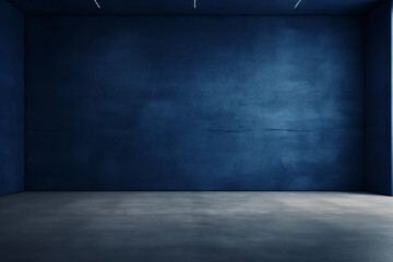 Wall Mural - Dark navy blue empty room with ceiling light in modern interior. Wall scene mockup for showcase with copy space.