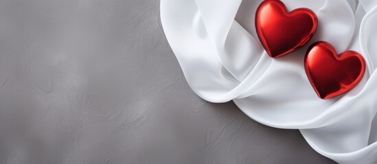 Poster - Festive red heart concept for wedding or Valentines day on white background. Copy space. Generative AI.