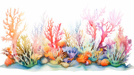 Wall Mural - underwater plants algae and colored coral watercolor on white background