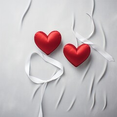 Poster - Red hearts on white silk background close up Valentines Day Concept. Generative AI.