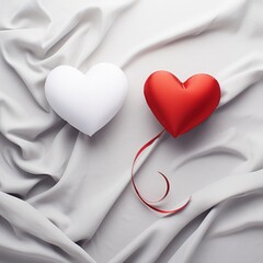 Poster - The concept of two lovers hearts lying on the white satin, can be used as a background, Generative AI.