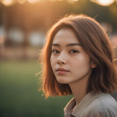 Young beautiful pretty woman rose lips posing outdoors at winter looking at you during the sunset.