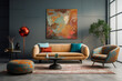 A  modern living room with a sofa, chair, lamp and big painting