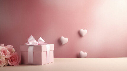 Wall Mural - Valentine's day background with pink gift box and hearts.