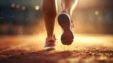 Fototapeta  - Close up of feet, sports woman runner running on race starting line in sneakers.Sunny photo. concept of running, competition, distance, healthy lifestyle, morning running. copy space, mock-up