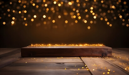 Poster - Wood table top of blurred abstract gold bokeh background with christmas lights.