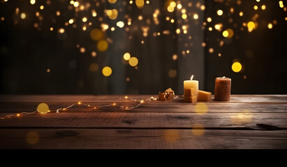 Poster - Wood table top of blurred abstract gold bokeh background with christmas lights.