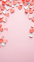 Wall Mural - Valentine's day background with paper hearts on pink background.