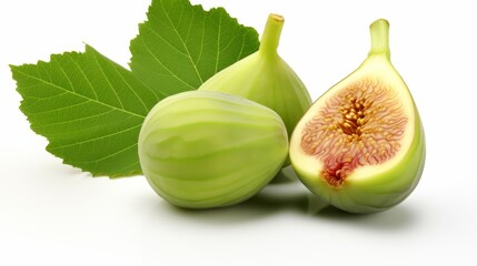 Wall Mural - Fresh Green Figs and Leaf on a White Background isolated on white background,