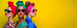 Retro 1980s Woman in Colorful Neon Clothes with Sunglasses. Fashion retro futuristic woman wearing sunglasses. Futuristic pop art fashion girl with geometric pattern background. Fashion retro futurist