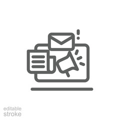 News content icon. Simple outline style. Media announce, newsletter update, digital press, coverage, laptop with megaphone concept. Thin line symbol. Vector illustration isolated. Editable stroke.