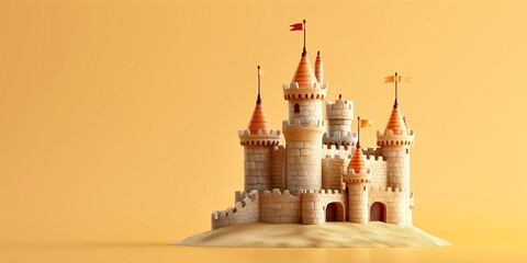 Wall Mural - Magic Princess Castle with flags and towers. Cartoon Style. Children’s game. For games. Fantasy kingdom. Toy. Fairy-tale colourful design. 3D Illustration for book. Isolated on yellow