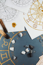 Astrology. Astrologer Calculates Natal Chart And Makes A Forecast Of Fate Tarot Cards, Fortune Telling On Tarot Cards Magic Crystal, Occultism, Esoteric Background. Fortune Telling,tarot Predictions