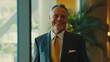 An authentic portrayal of a businessman's happy moment, captured in high definition, showcasing a sincere and infectious smile that adds a touch of vibrancy to the corporate setting