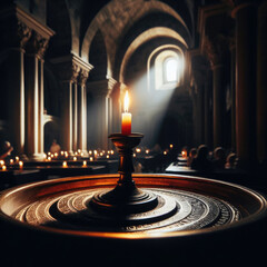 A lit candle flickering in a dim medieval chapel, emphasizing the interplay of light and shadows
