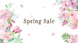 桜とグリーンの春のセールの背景フレームバナーテンプレート素材、16：9　手描きベクターイラスト