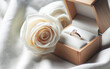 Diamond ring in a box Wedding ring Confession of love Ribbon and roses valentine day love background